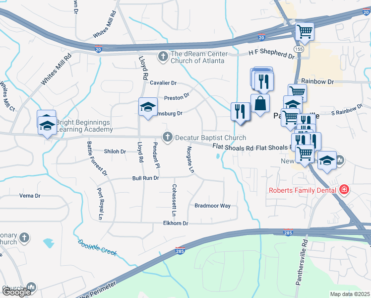 map of restaurants, bars, coffee shops, grocery stores, and more near 2803 Norgate Lane in Decatur