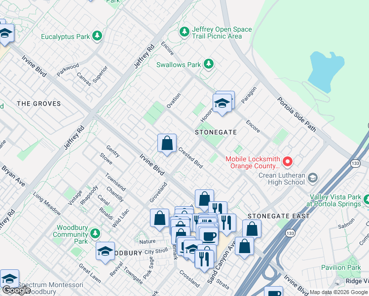 map of restaurants, bars, coffee shops, grocery stores, and more near 202 Kempton in Irvine