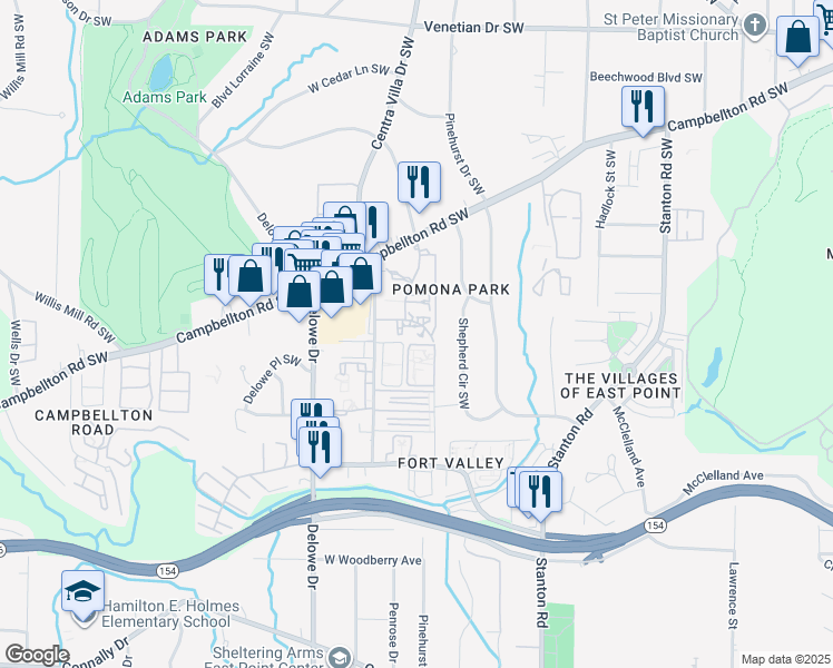 map of restaurants, bars, coffee shops, grocery stores, and more near 1980 Plaza Lane Southwest in Atlanta