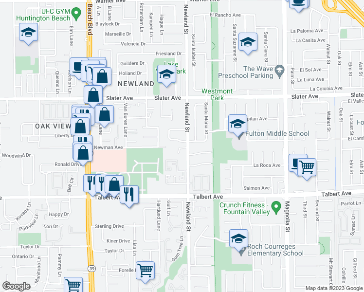 map of restaurants, bars, coffee shops, grocery stores, and more near 8472 El Arroyo Drive in Huntington Beach