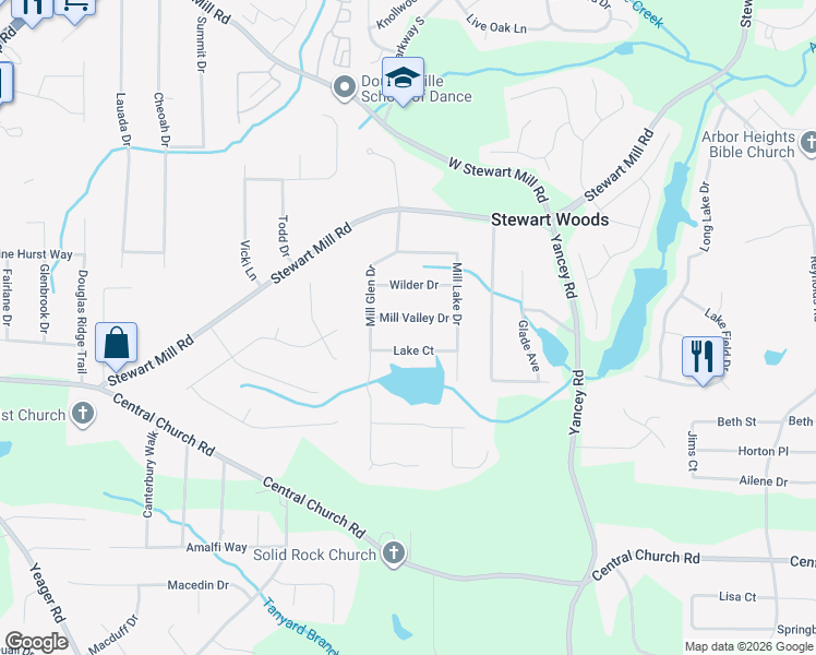 map of restaurants, bars, coffee shops, grocery stores, and more near 5433 Mill Valley Dr in Douglasville