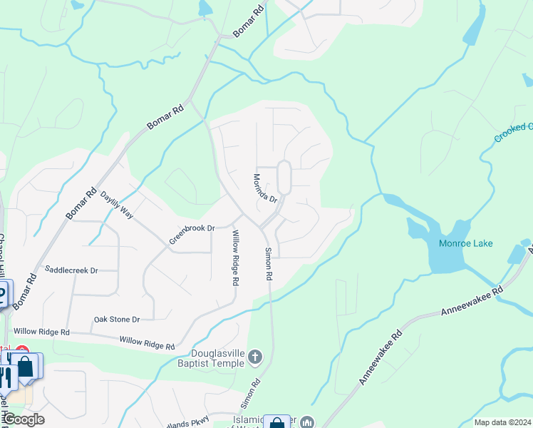 map of restaurants, bars, coffee shops, grocery stores, and more near 3917 Arolla Lane in Douglasville