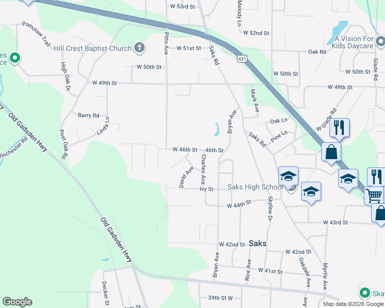 map of restaurants, bars, coffee shops, grocery stores, and more near 4505 Elma Avenue in Anniston