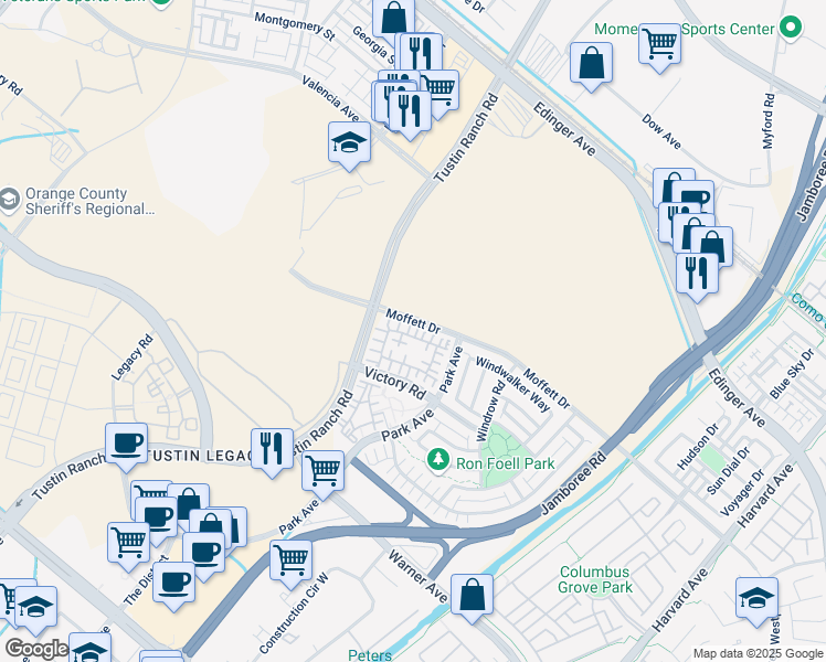map of restaurants, bars, coffee shops, grocery stores, and more near 159 Waypoint in Tustin
