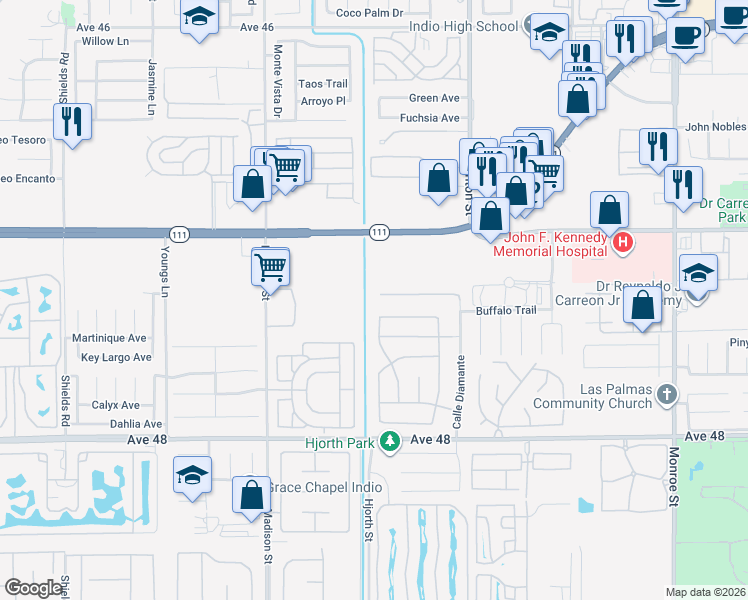 map of restaurants, bars, coffee shops, grocery stores, and more near 81261 Avenida Esmeralda in Indio