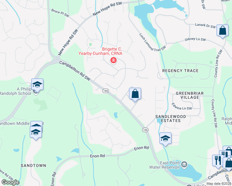 map of restaurants, bars, coffee shops, grocery stores, and more near 700 Birchberry Terrace Southwest in Atlanta