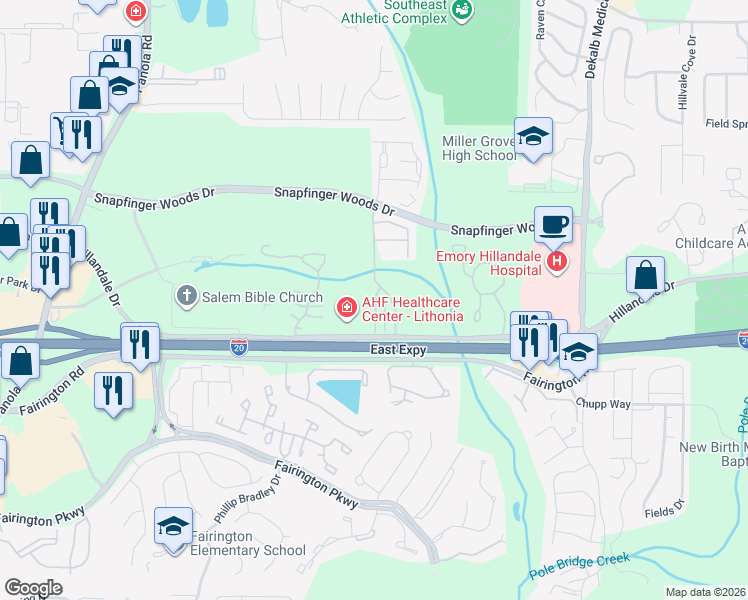 map of restaurants, bars, coffee shops, grocery stores, and more near 2765 Keystone Avenue in Lithonia