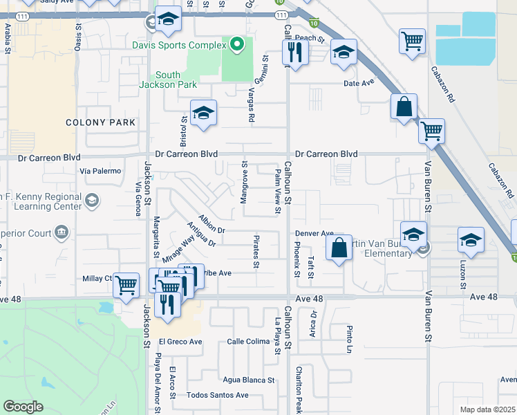 map of restaurants, bars, coffee shops, grocery stores, and more near 83389 Wexford Avenue in Indio