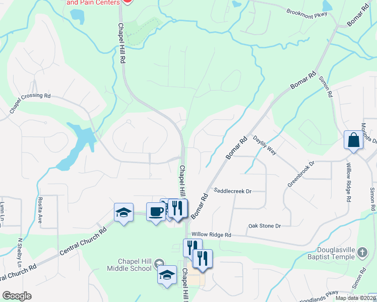 map of restaurants, bars, coffee shops, grocery stores, and more near 3706 Chapel Hill Road in Douglasville
