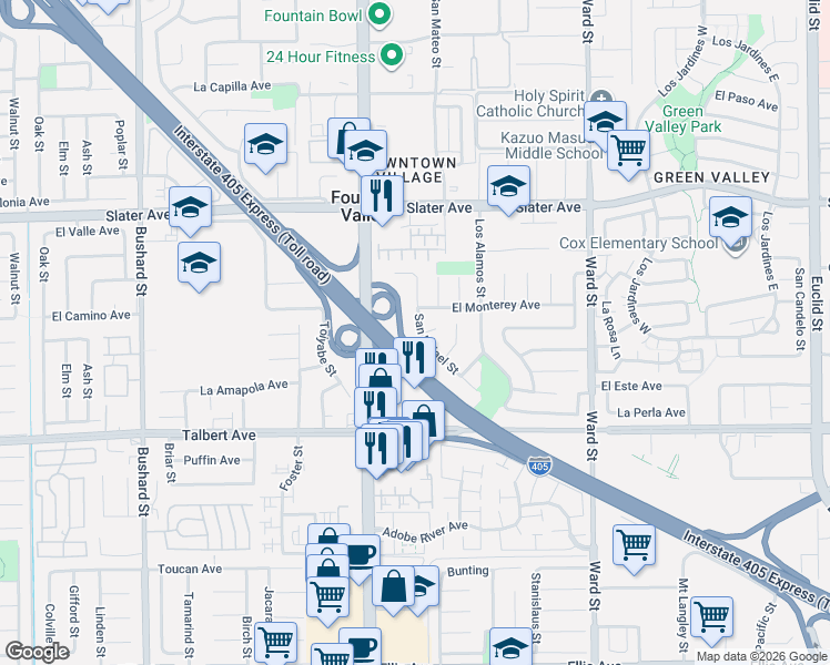 map of restaurants, bars, coffee shops, grocery stores, and more near 17761 San Rafael Street in Fountain Valley