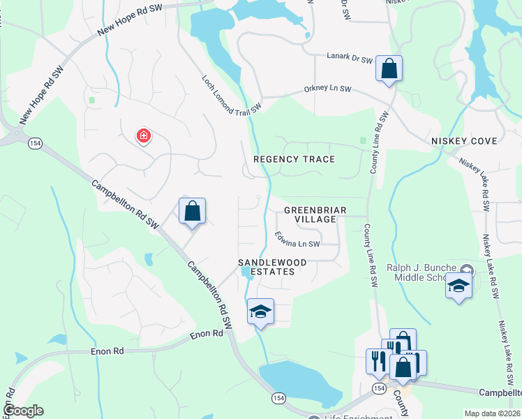 map of restaurants, bars, coffee shops, grocery stores, and more near 2411 Sandfall Court Southwest in Atlanta