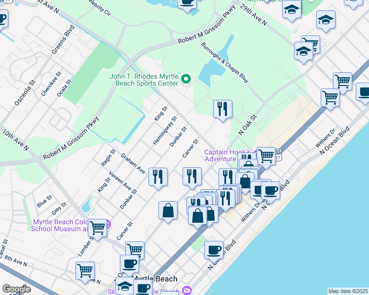 map of restaurants, bars, coffee shops, grocery stores, and more near 1413 Carver Street in Myrtle Beach
