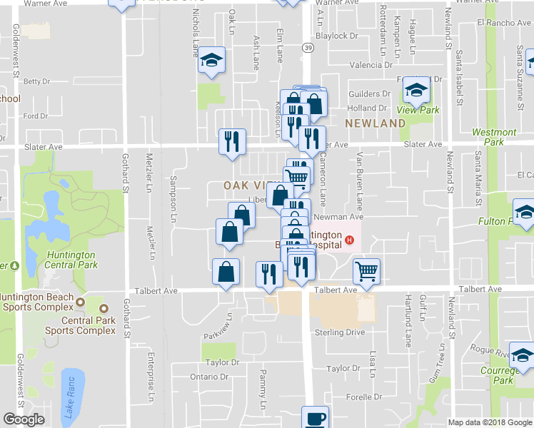 map of restaurants, bars, coffee shops, grocery stores, and more near 7845 Newman Avenue in Huntington Beach