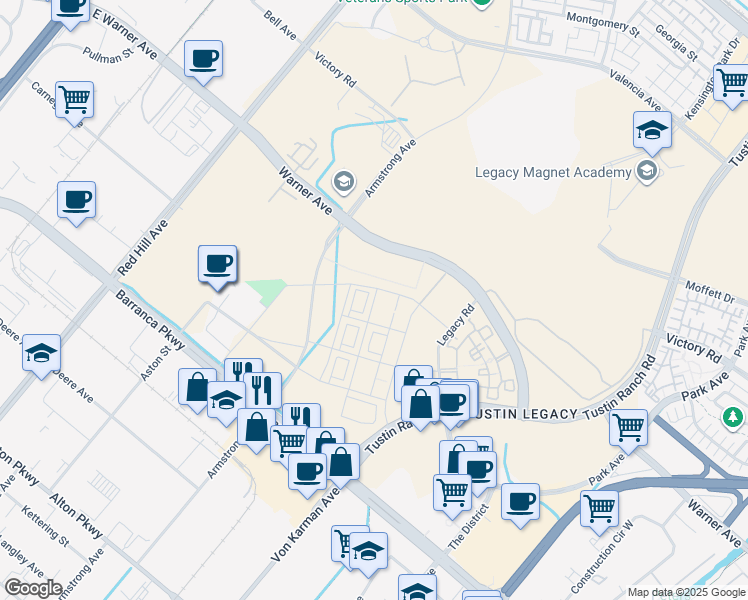 map of restaurants, bars, coffee shops, grocery stores, and more near 16238 Veterans Way in Tustin