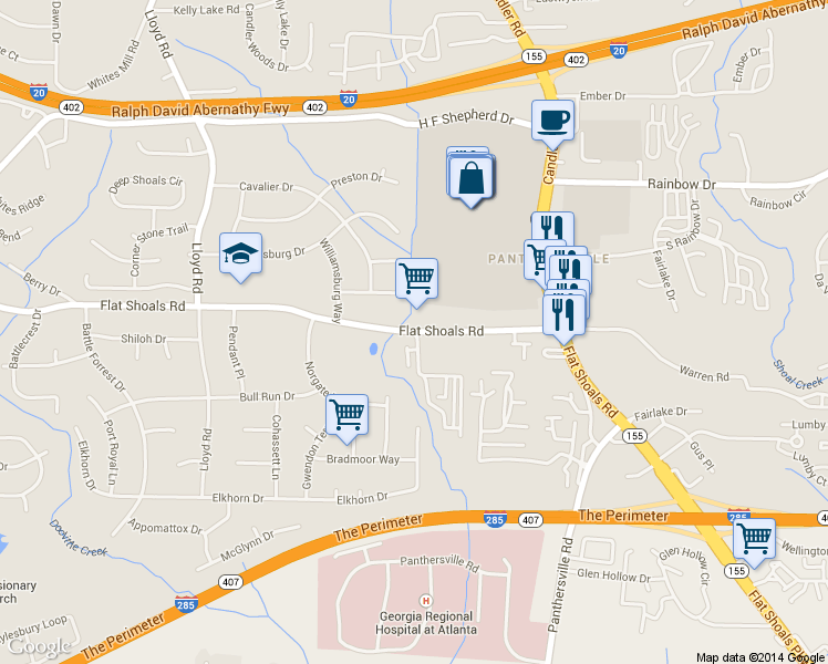 map of restaurants, bars, coffee shops, grocery stores, and more near 3346 Flat Shoals Road in Decatur
