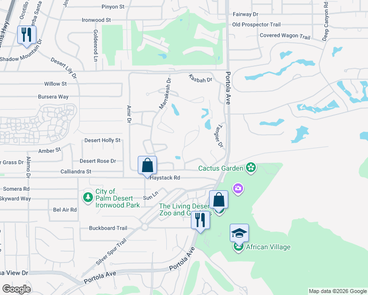 map of restaurants, bars, coffee shops, grocery stores, and more near 47434 Medina Drive East in Palm Desert