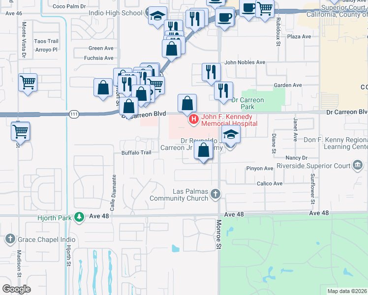 map of restaurants, bars, coffee shops, grocery stores, and more near 47395 Monroe Street in Indio