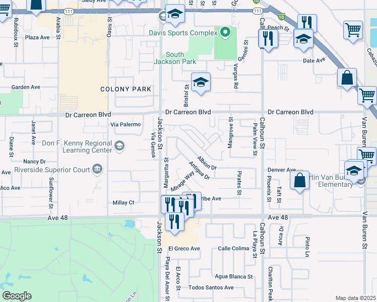 map of restaurants, bars, coffee shops, grocery stores, and more near 83155 Albion Drive in Indio