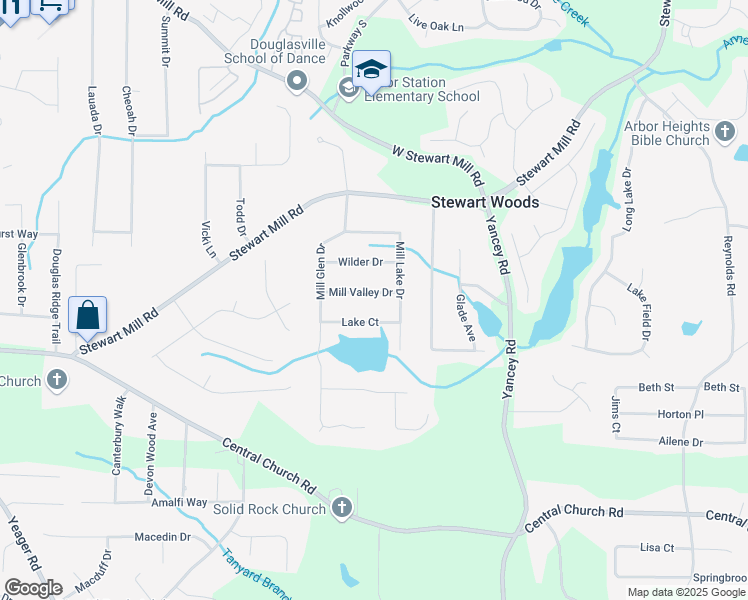 map of restaurants, bars, coffee shops, grocery stores, and more near 5409 Mill Valley Drive in Douglasville