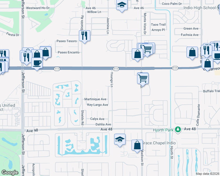 map of restaurants, bars, coffee shops, grocery stores, and more near 47350 Harbour Lights Lane in Indio