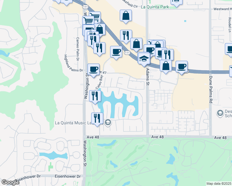 map of restaurants, bars, coffee shops, grocery stores, and more near 47325 Vía Koron in La Quinta