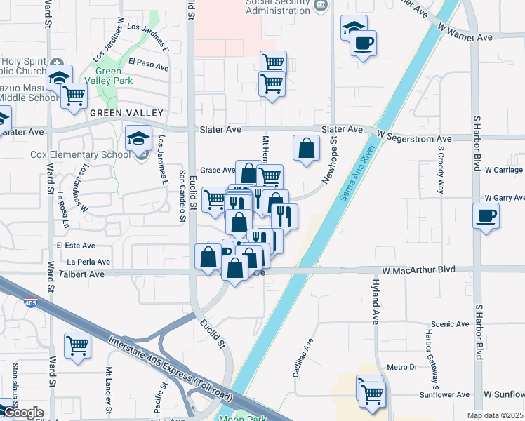 map of restaurants, bars, coffee shops, grocery stores, and more near 17800 Newhope Street in Fountain Valley