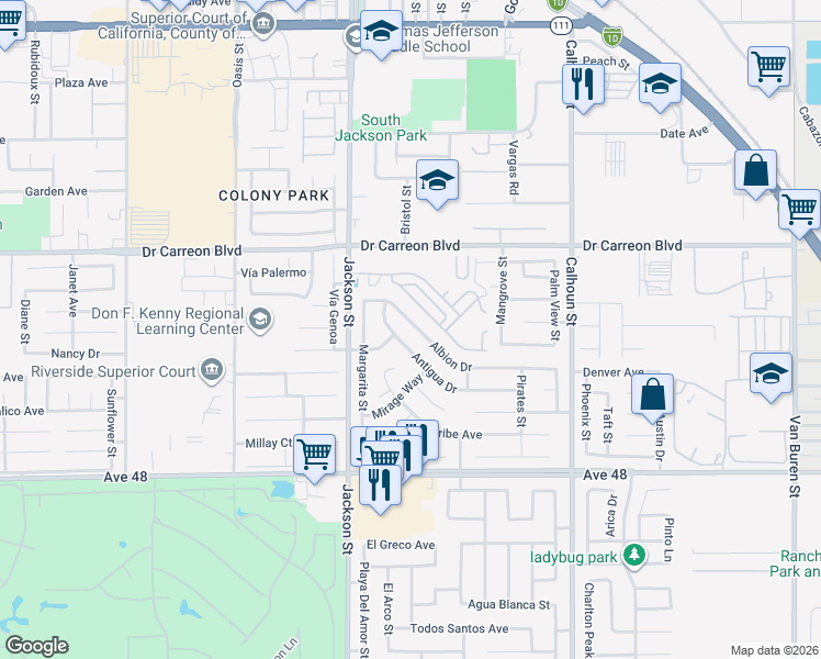 map of restaurants, bars, coffee shops, grocery stores, and more near 83155 Albion Drive in Indio