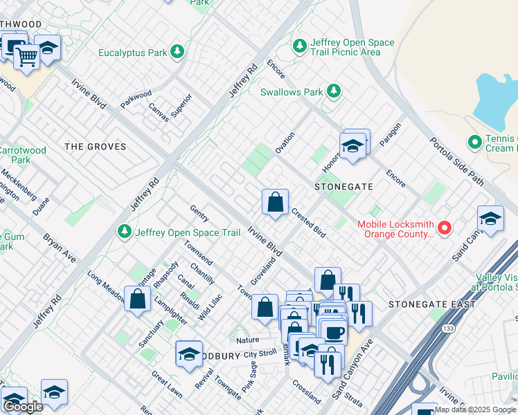 map of restaurants, bars, coffee shops, grocery stores, and more near 100 Overbrook in Irvine