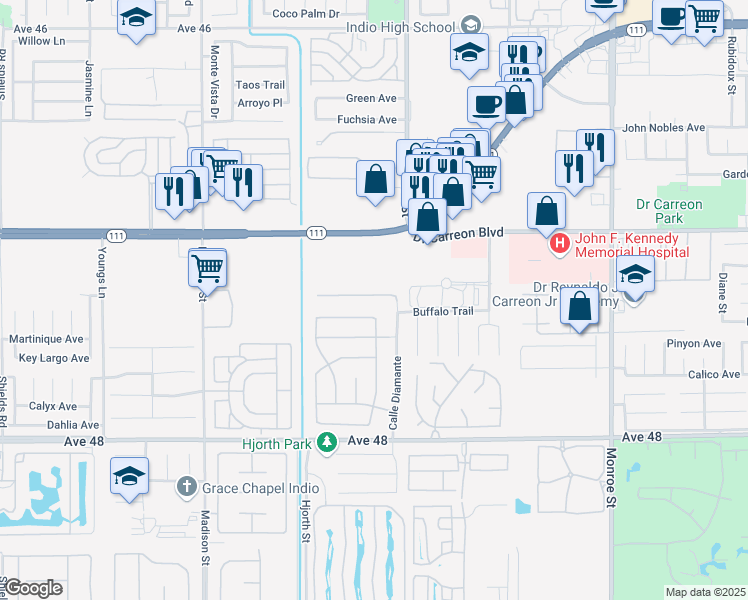 map of restaurants, bars, coffee shops, grocery stores, and more near 81419 Avenida Esmeralda in Indio