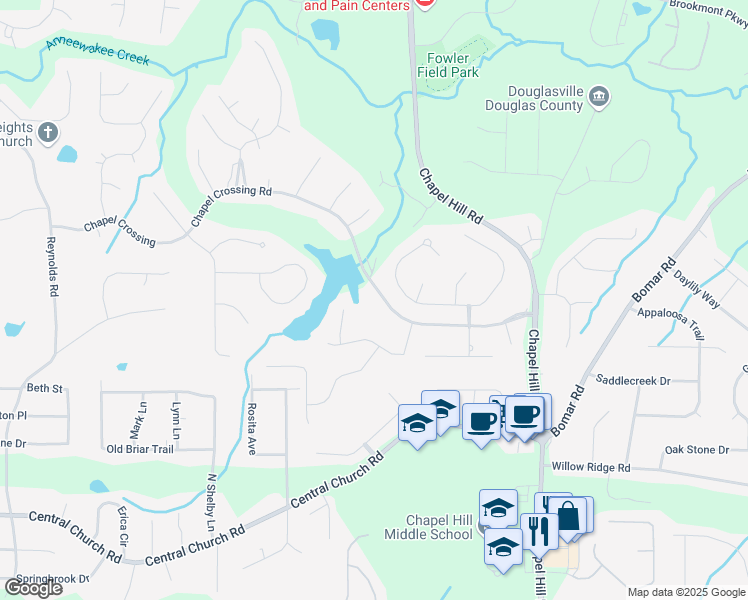 map of restaurants, bars, coffee shops, grocery stores, and more near 5053 Chapel Crossing Road in Douglasville