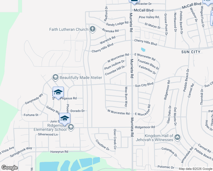 map of restaurants, bars, coffee shops, grocery stores, and more near 25771 Sun City Boulevard in Menifee