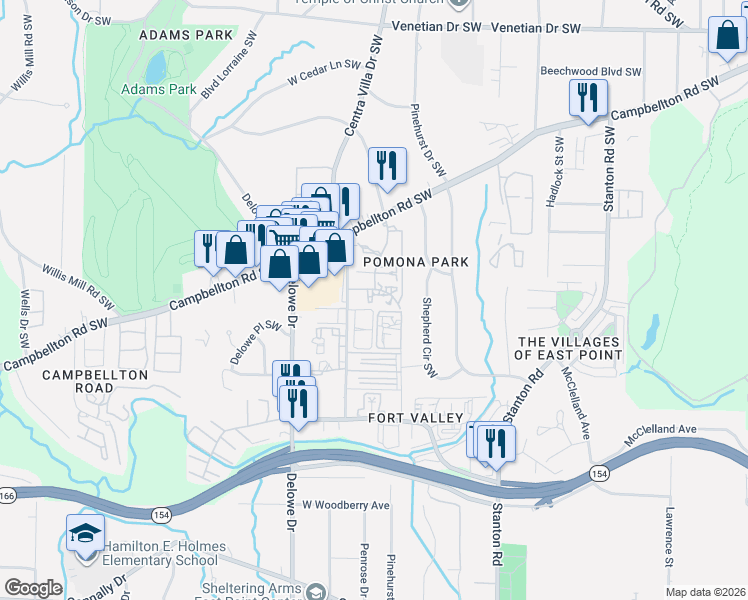 map of restaurants, bars, coffee shops, grocery stores, and more near 1974 Plaza Lane Southwest in Atlanta
