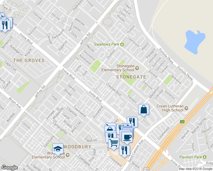 map of restaurants, bars, coffee shops, grocery stores, and more near 68 Mayfair in Irvine
