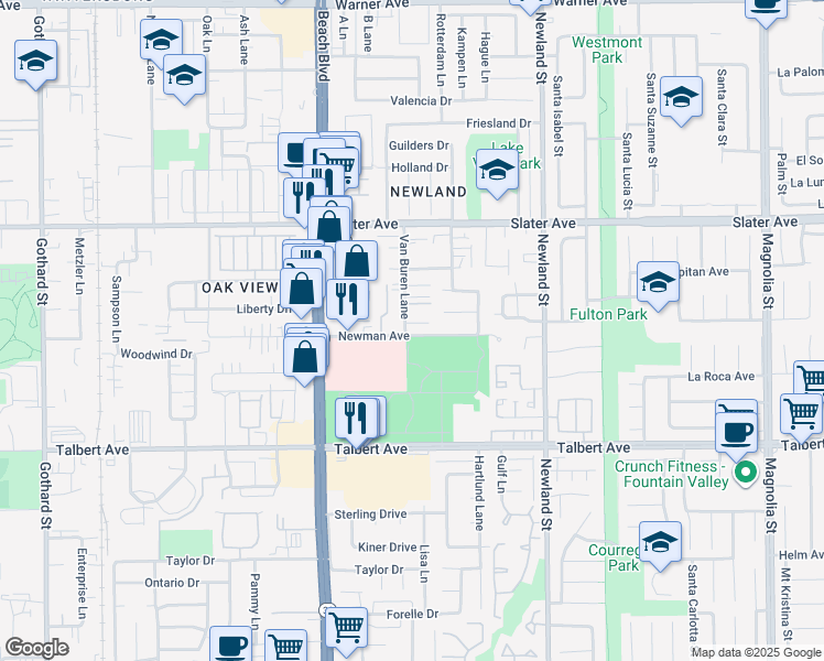 map of restaurants, bars, coffee shops, grocery stores, and more near 8201 Newman Avenue in Huntington Beach