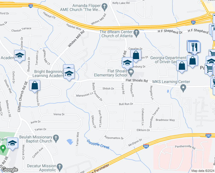 map of restaurants, bars, coffee shops, grocery stores, and more near 2496 Shiloh Drive in Decatur