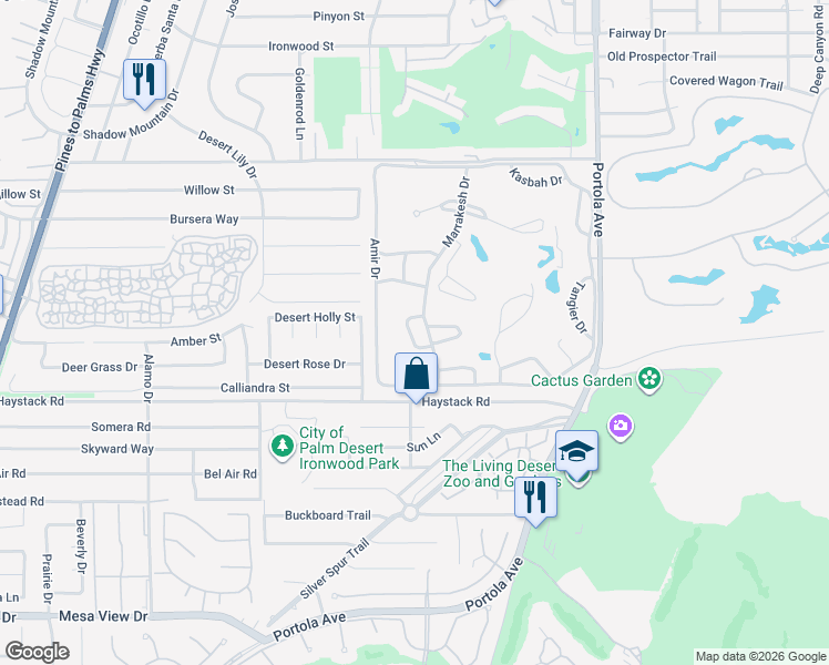 map of restaurants, bars, coffee shops, grocery stores, and more near 73580 El Hasson Circle in Palm Desert