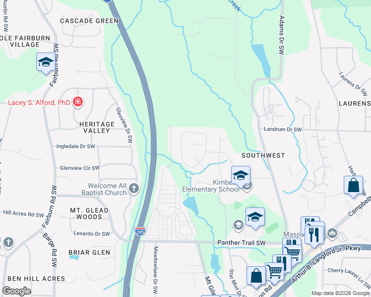 map of restaurants, bars, coffee shops, grocery stores, and more near 3151 Esplanade Circle Southwest in Atlanta