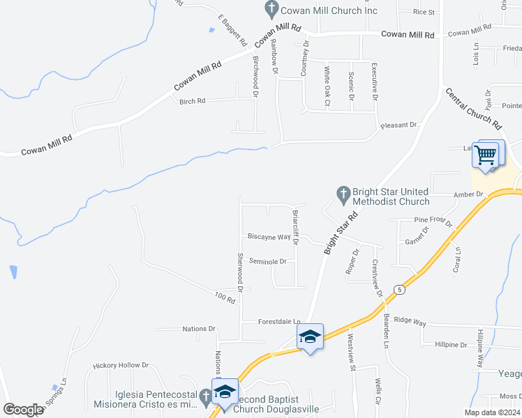 map of restaurants, bars, coffee shops, grocery stores, and more near 6636 Briarcliff Drive in Douglasville