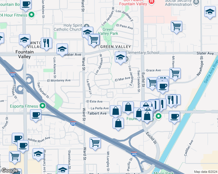 map of restaurants, bars, coffee shops, grocery stores, and more near 10692 Los Arcos Street in Fountain Valley