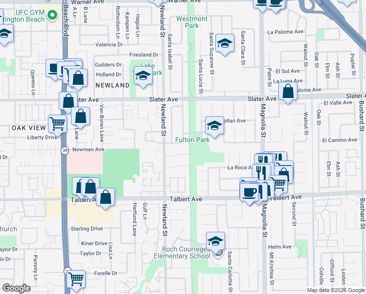 map of restaurants, bars, coffee shops, grocery stores, and more near 8599 Whitefish Circle in Fountain Valley