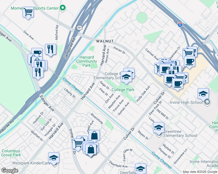 map of restaurants, bars, coffee shops, grocery stores, and more near 3596 Sego Street in Irvine