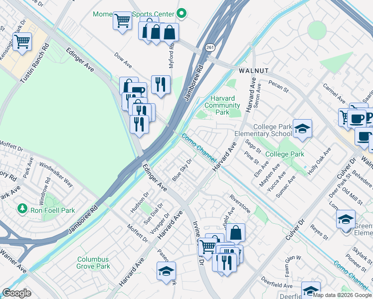 map of restaurants, bars, coffee shops, grocery stores, and more near 99 Liberty Street in Tustin