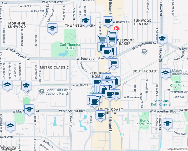 map of restaurants, bars, coffee shops, grocery stores, and more near 3130 South Rita Way in Santa Ana