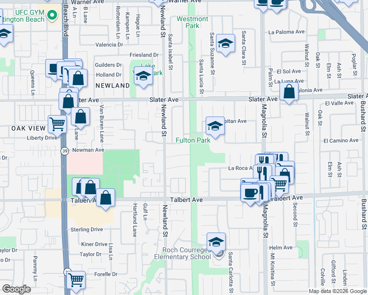 map of restaurants, bars, coffee shops, grocery stores, and more near 8599 Whitefish Circle in Fountain Valley