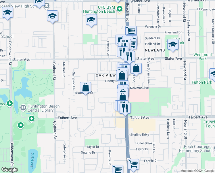 map of restaurants, bars, coffee shops, grocery stores, and more near 7845 Newman Avenue in Huntington Beach