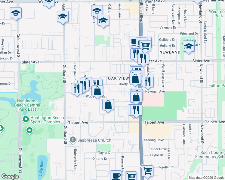 map of restaurants, bars, coffee shops, grocery stores, and more near 7761 Newman Avenue in Huntington Beach