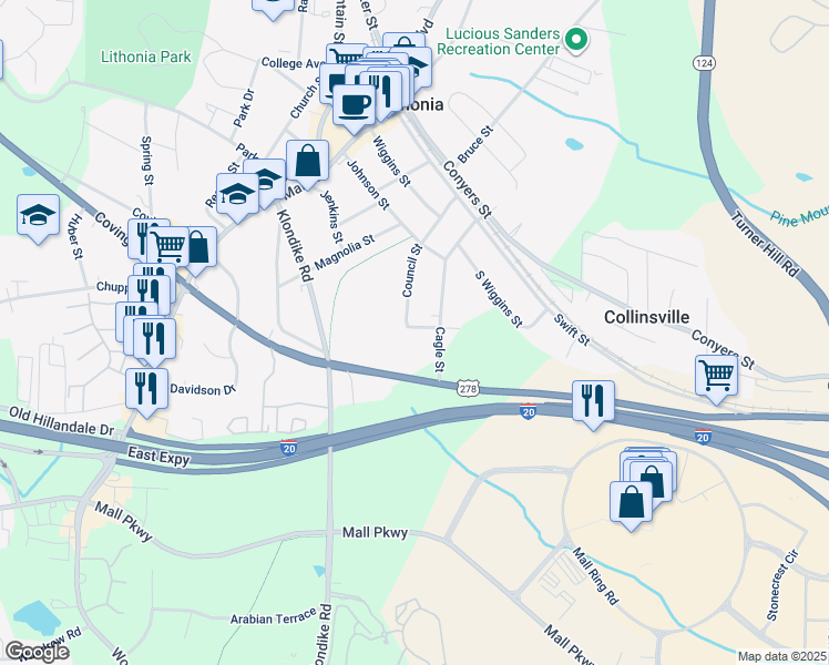 map of restaurants, bars, coffee shops, grocery stores, and more near 2739 Council Street in Lithonia