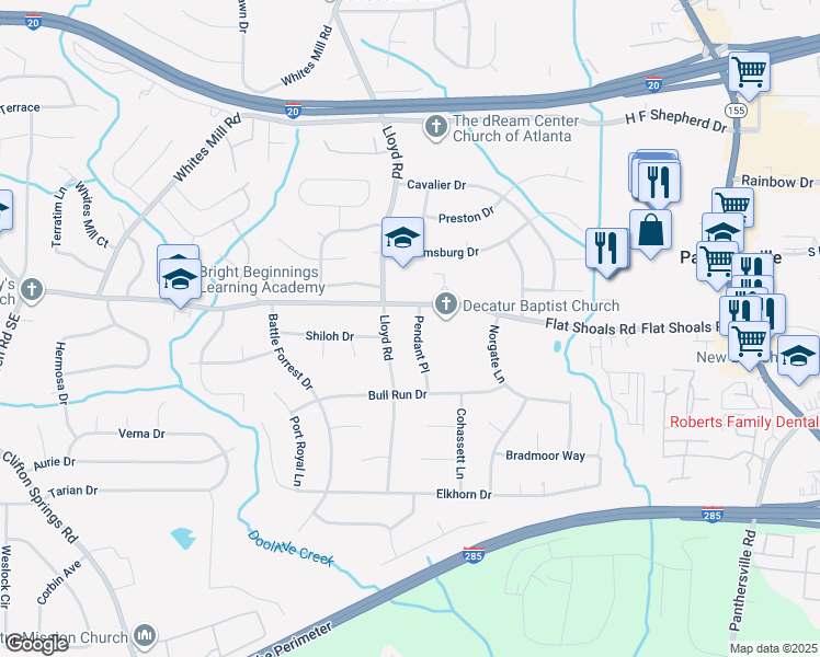 map of restaurants, bars, coffee shops, grocery stores, and more near 2814 Lloyd Road in Decatur