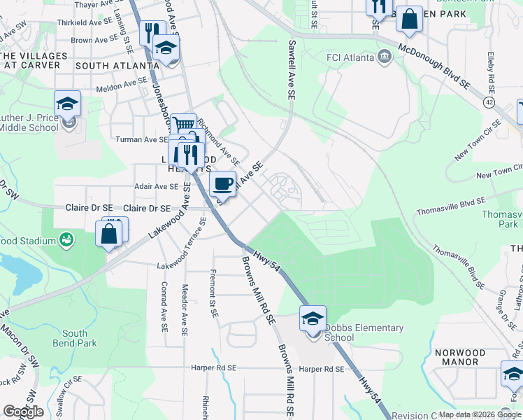 map of restaurants, bars, coffee shops, grocery stores, and more near 1799 Richmond Avenue Southeast in Atlanta