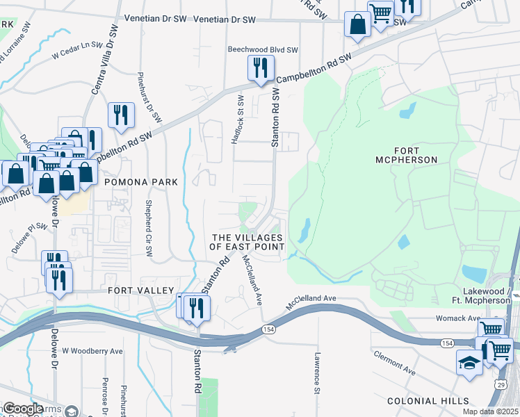 map of restaurants, bars, coffee shops, grocery stores, and more near in East Point
